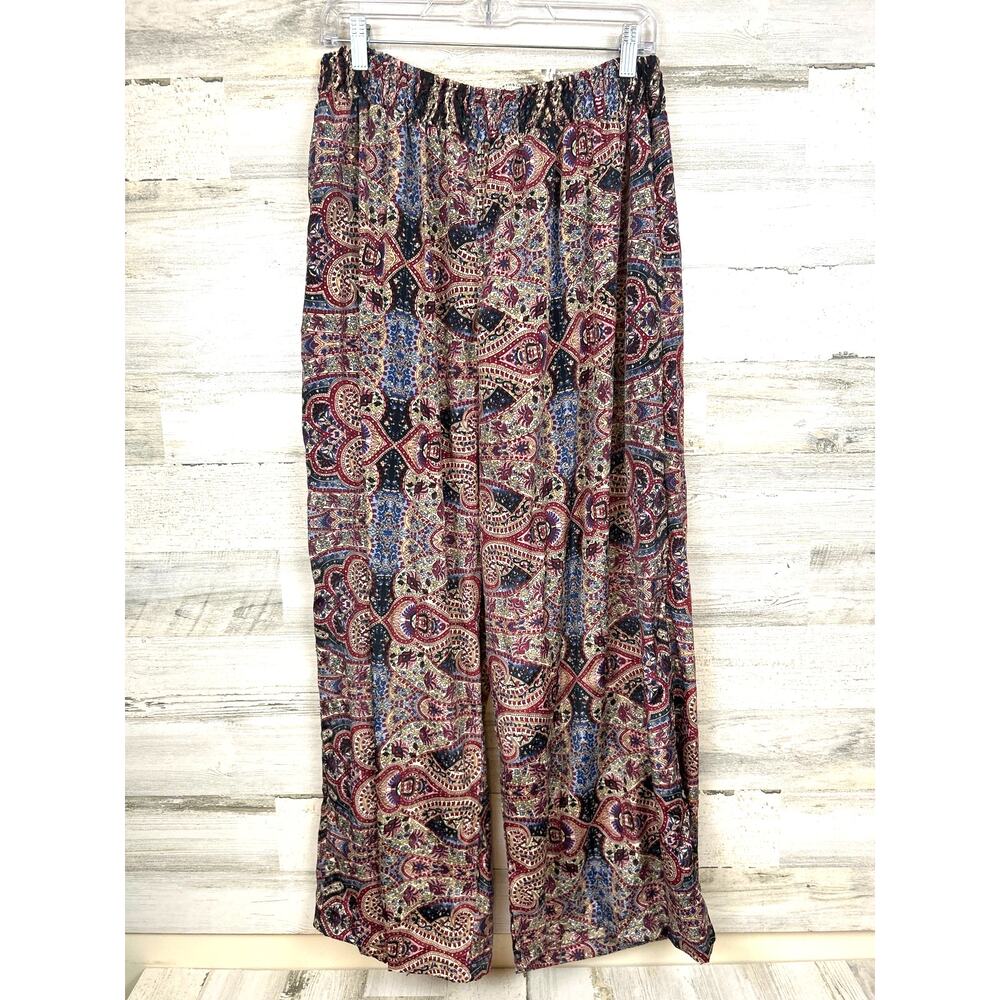 Earthbound Womens XL Multicolor Paisley Wide Leg Pull On Boho Silky Pocket Pants